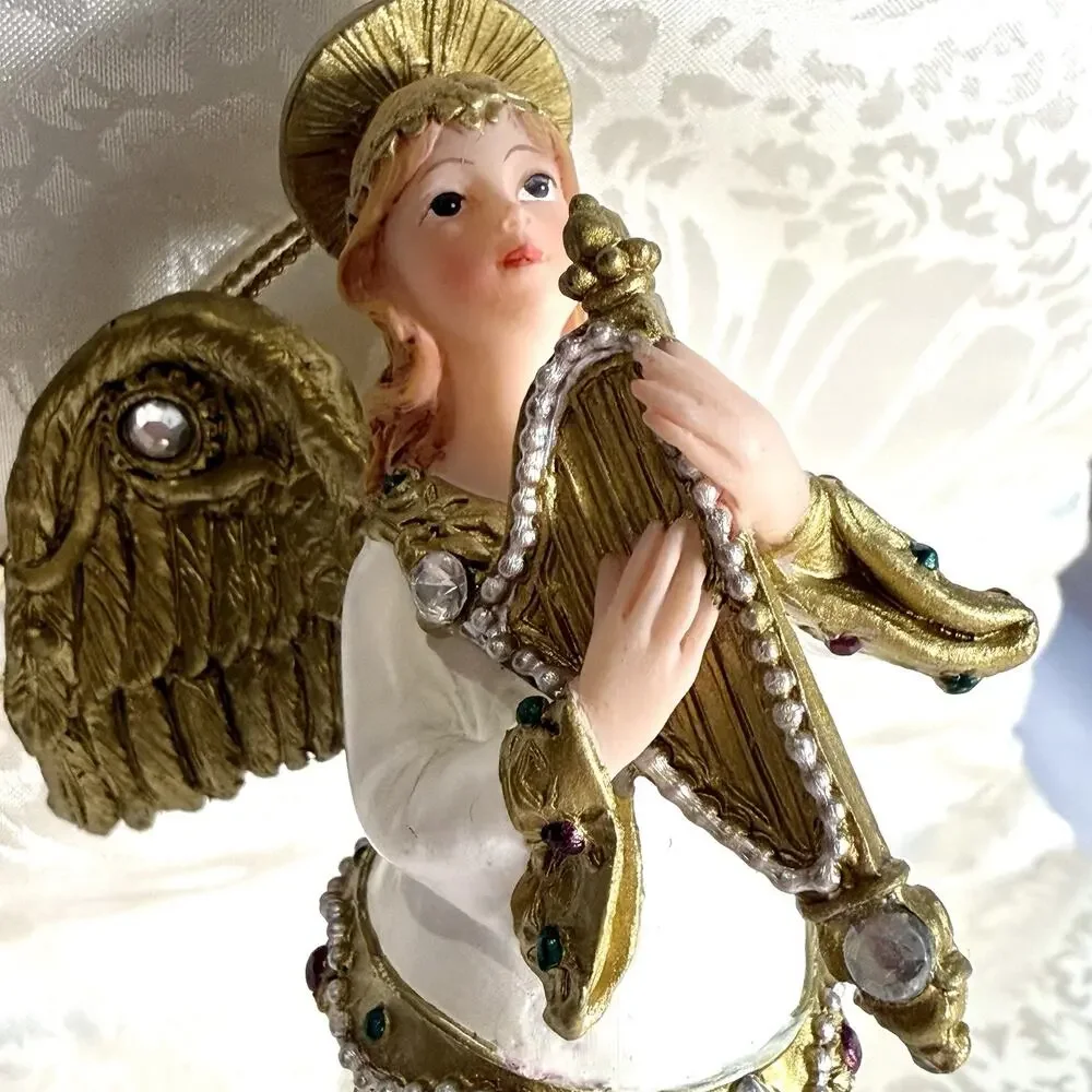 VTG Christmas Harp Angel Holiday Tree Ornament Clear Glass Flute Bell Skirt 4”